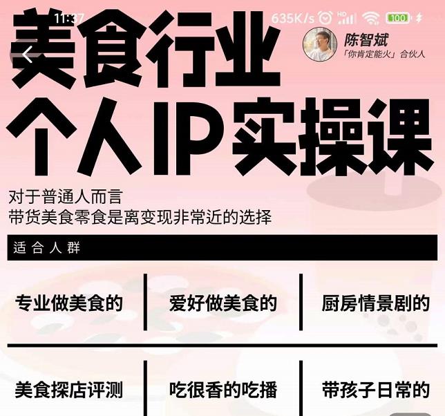 美食行业个人IP实操课，对于普通人而言，带货美食零食是离变现非常近的选择风钥吧-网创项目资源站-副业项目-创业项目-搞钱项目风钥吧