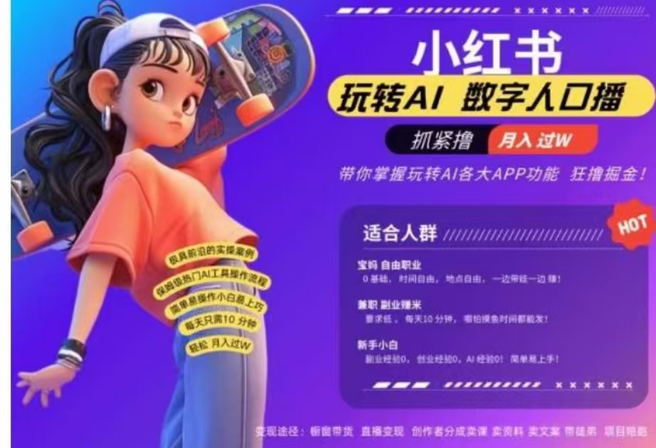 小红书数字人暴力起号，AI改写文案，流量火爆月入破W轻松拿捏，再也不用费劲录口播风钥吧-网创项目资源站-副业项目-创业项目-搞钱项目风钥吧