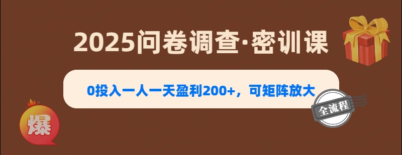 2025《问卷调查》0投入一人一天盈利200+，可矩阵放大风钥吧-网创项目资源站-副业项目-创业项目-搞钱项目风钥吧