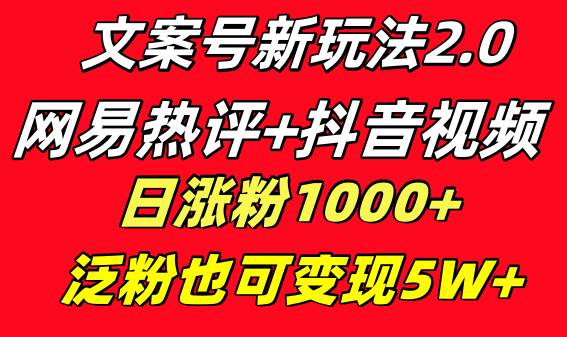 文案号新玩法 网易热评+抖音文案 一天涨粉1000+ 多种变现模式 泛粉也可变现风钥吧-网创项目资源站-副业项目-创业项目-搞钱项目风钥吧