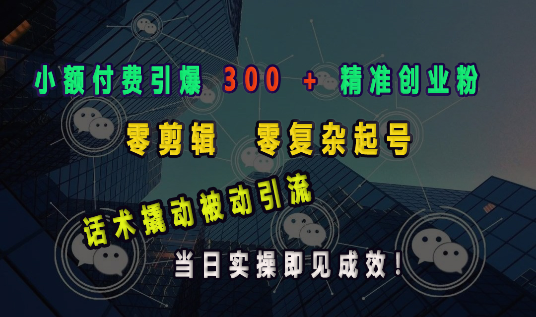 小额付费引爆 300 + 精准创业粉，零剪辑、零复杂起号，话术撬动被动引流，当日实操即见成效！风钥吧-网创项目资源站-副业项目-创业项目-搞钱项目风钥吧