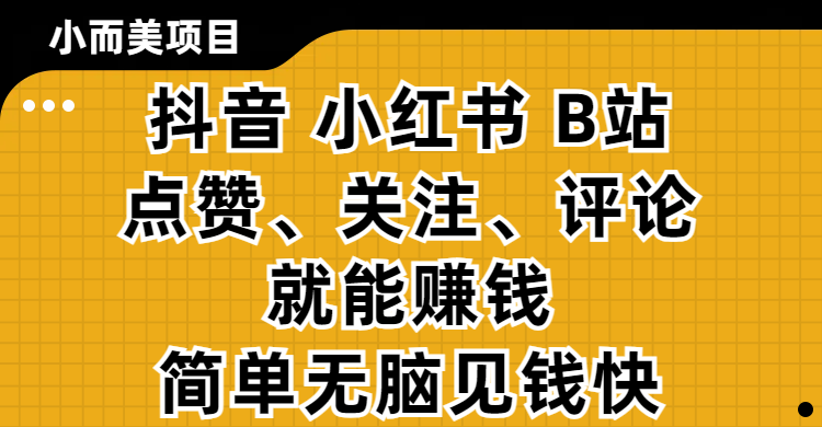 小而美的项目，抖音、小红书、B站视频点赞、关注、评论就能赚钱，简单无脑立见收益！妥妥的零撸项目风钥吧-网创项目资源站-副业项目-创业项目-搞钱项目风钥吧