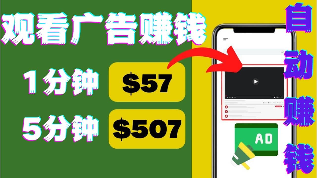 观看视频广告，只需要点击广告，每5分钟赚57美元风钥吧-网创项目资源站-副业项目-创业项目-搞钱项目风钥吧