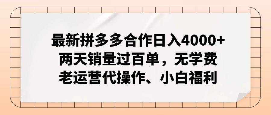 最新拼多多合作日入4000+两天销量过百单，无学费、老运营代操作、小白福利风钥吧-网创项目资源站-副业项目-创业项目-搞钱项目风钥吧
