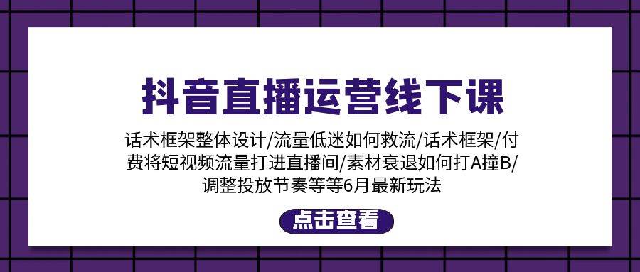 抖音直播运营线下课：话术框架/付费流量直播间/素材A撞B/等6月新玩法风钥吧-网创项目资源站-副业项目-创业项目-搞钱项目风钥吧