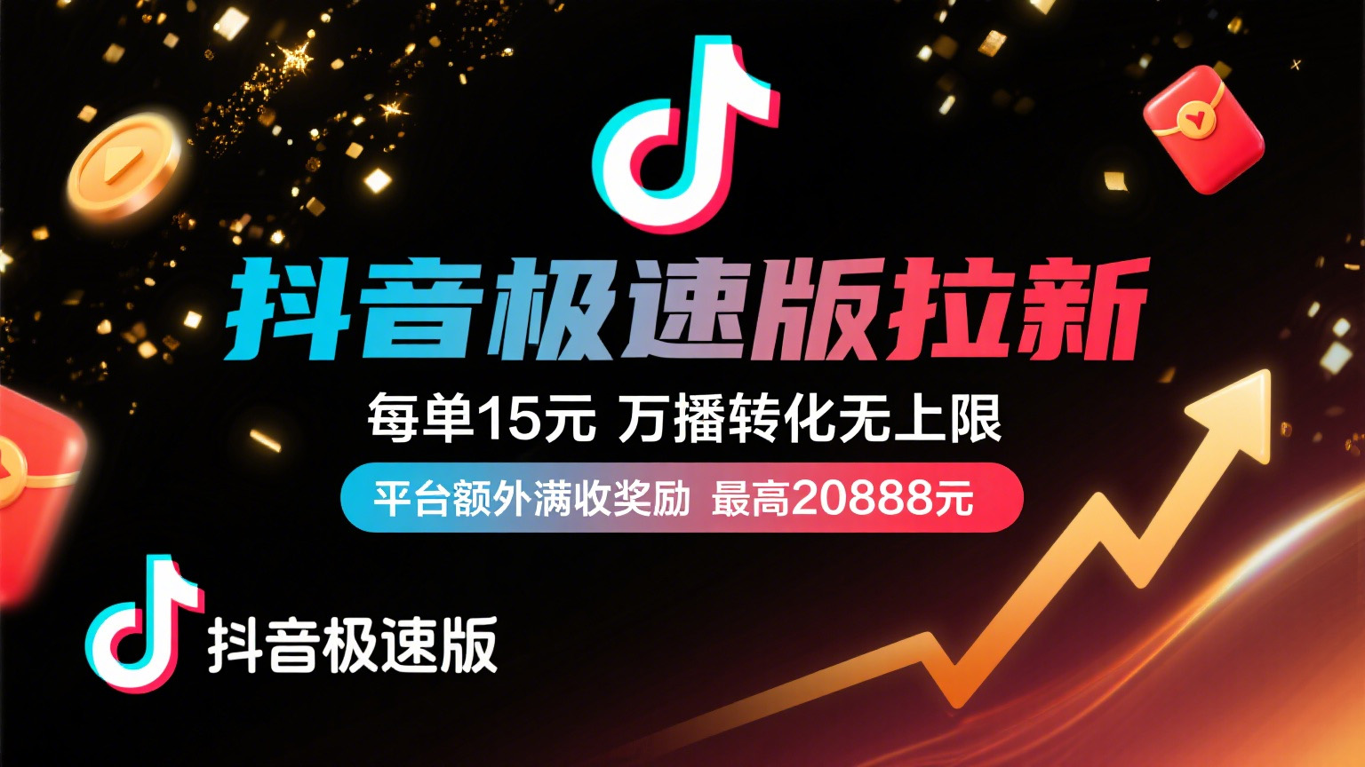 抖音极速版放福利，每单15元，万播转化无上限，平台额外满收奖励，最高可领20888元风钥吧-网创项目资源站-副业项目-创业项目-搞钱项目风钥吧
