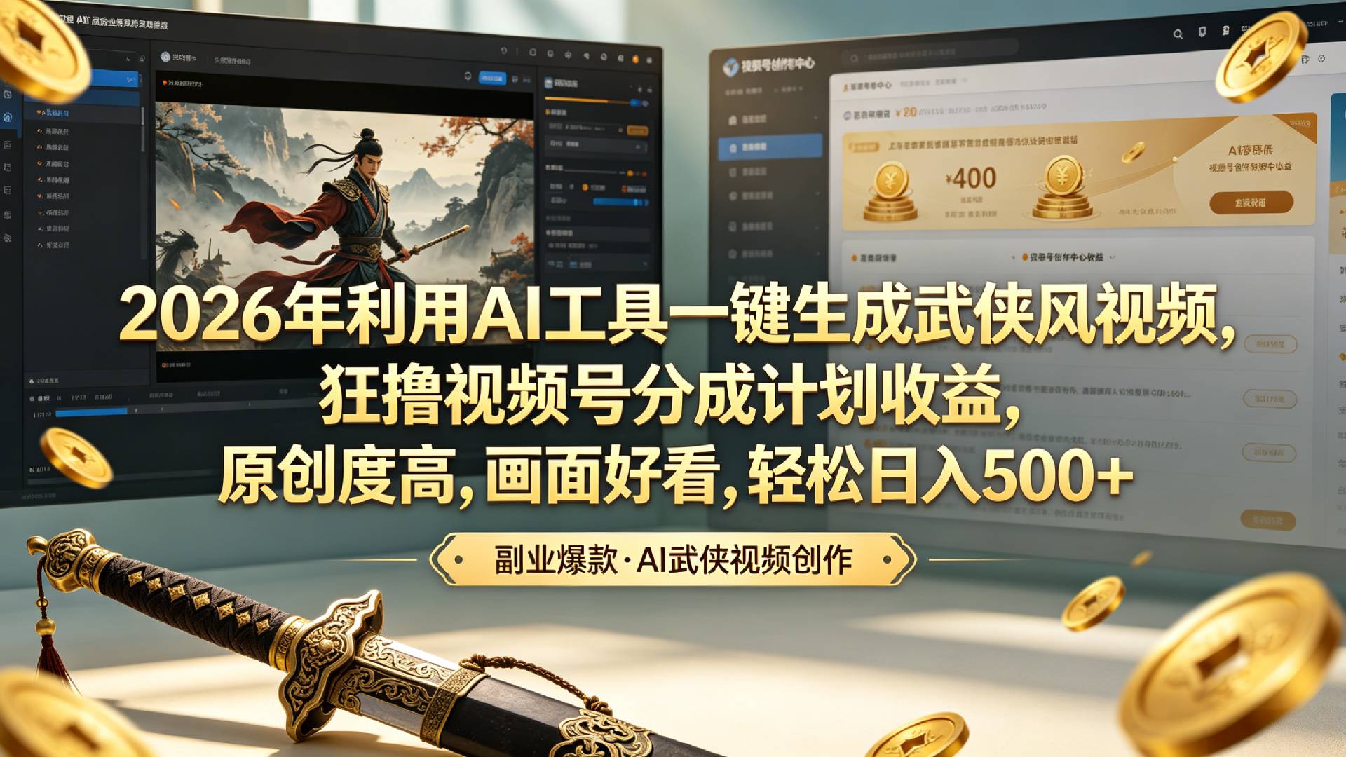 2026年利用AI工具一键生成武侠风视频，狂撸视频号分成计划收益，原创度高，画面好看，轻松日入500+风钥吧-网创项目资源站-副业项目-创业项目-搞钱项目风钥吧